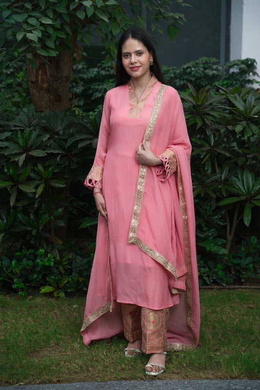 Pink Straight Suit with Brocade Pants