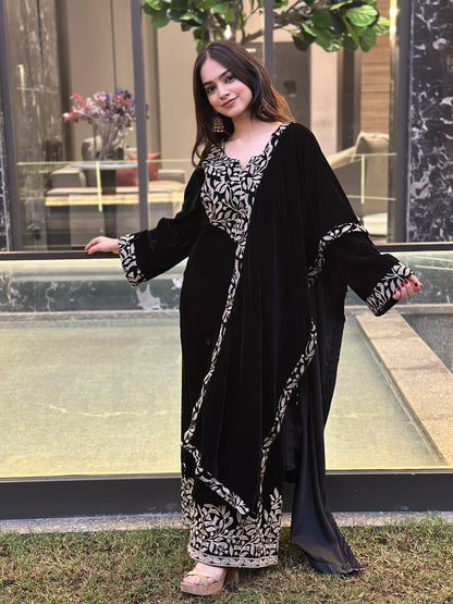 Black Embroidered Velvet Suit