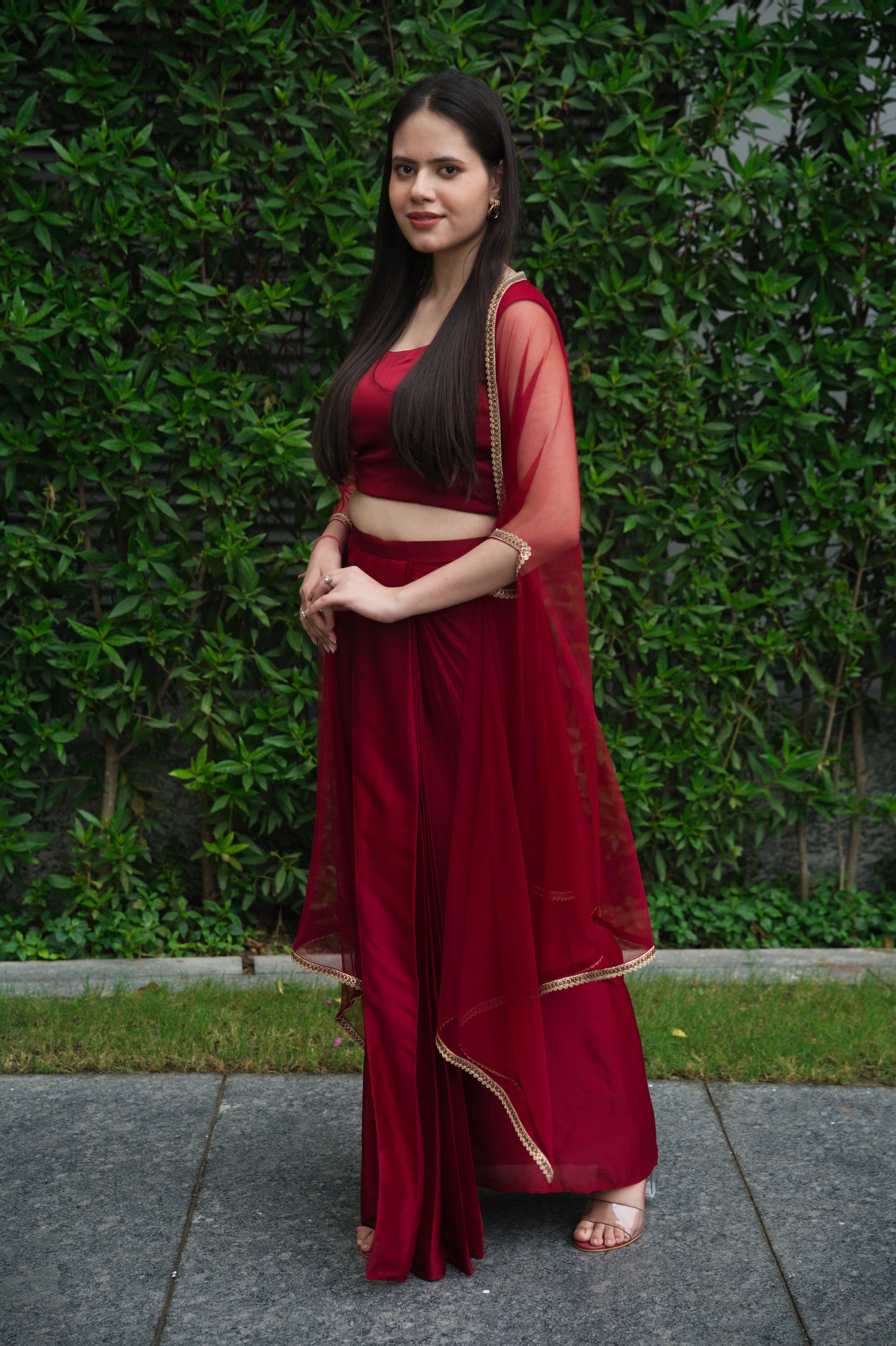 Maroon Dhoti Style Three-Piece