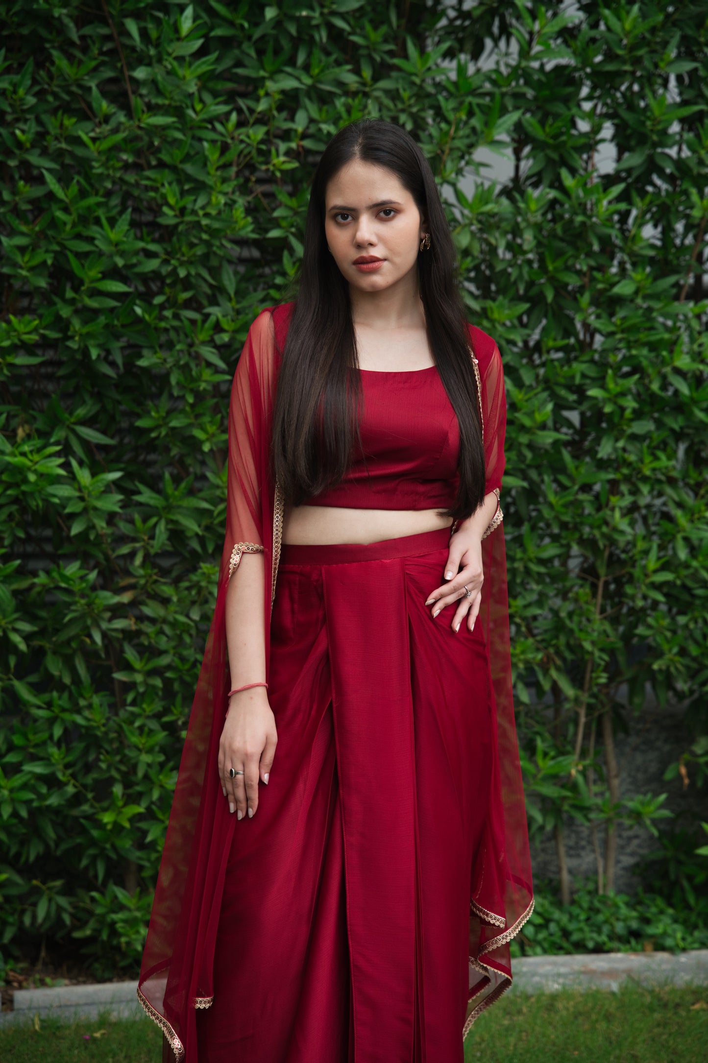 Maroon Dhoti Style Three-Piece