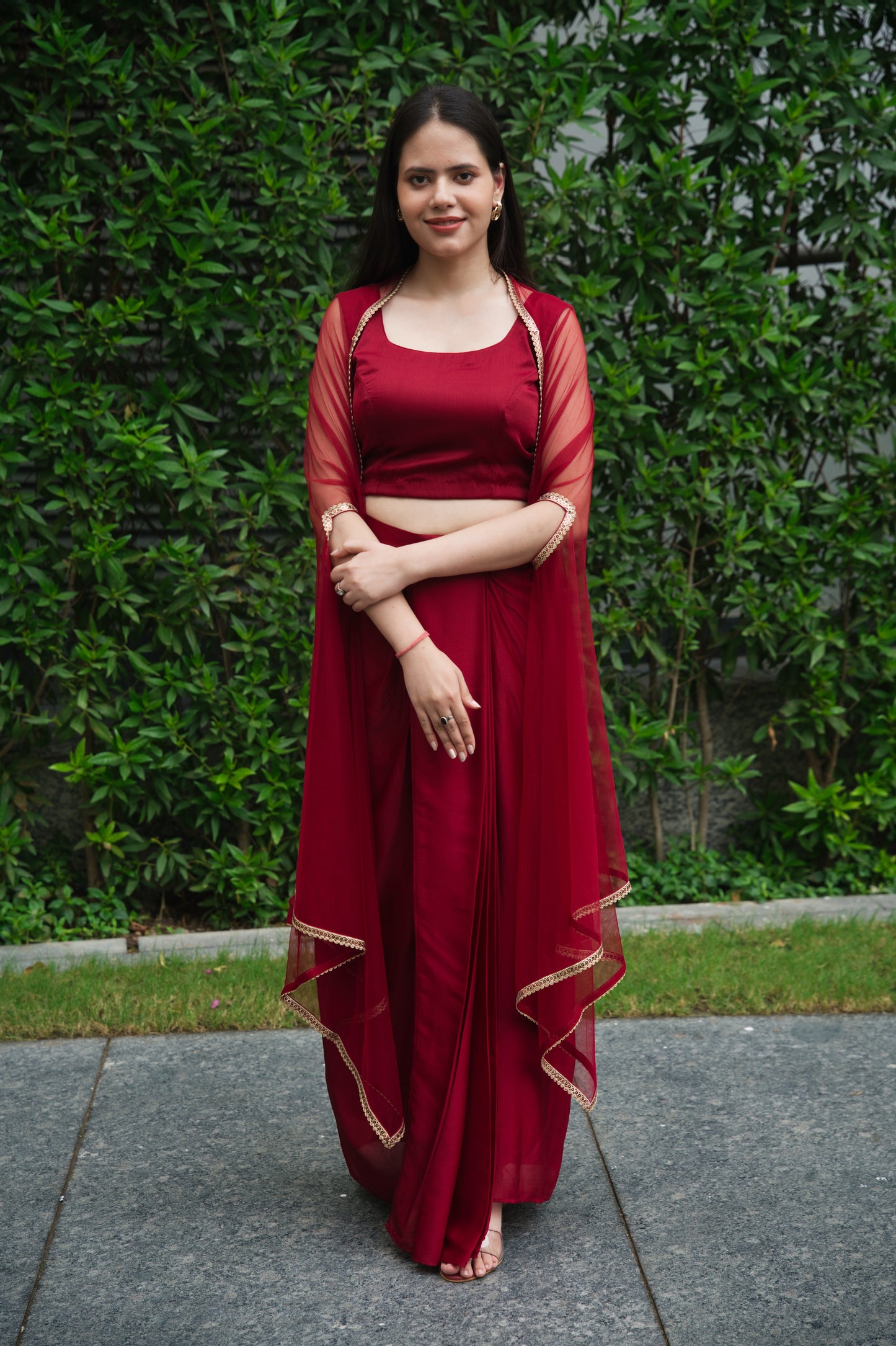 Maroon Dhoti Style Three-Piece